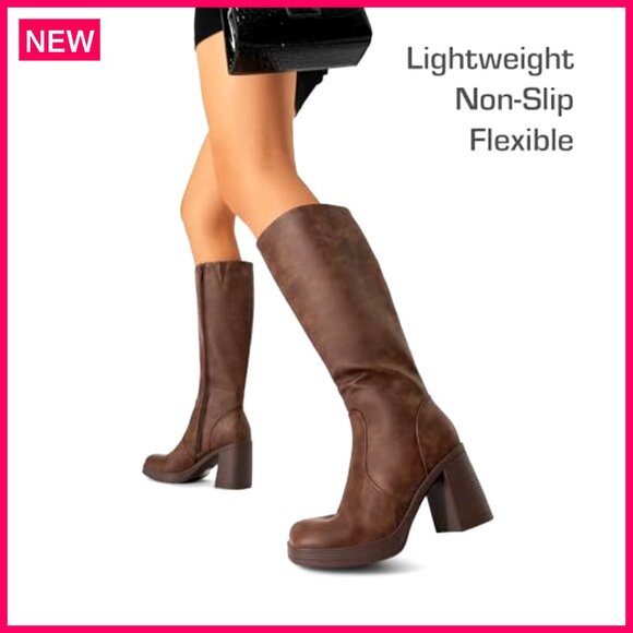 Knee High Platform Boots Chunky Heel Square Toe Side Zipper Comfortable - Picture 5 of 8